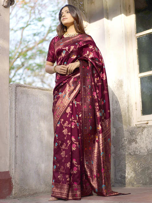 [Ready SG Stock] Wine Banarasi Silk Floral Saree with attached Blouse Material - Indian saree Elegant Embroidery Blouse