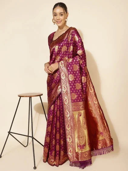 [Ready SG Stock] Wine Banarasi Silk Woven Ethnic Motif Saree with attached Blouse Material - Indian saree Embroidered Cotton Blouse