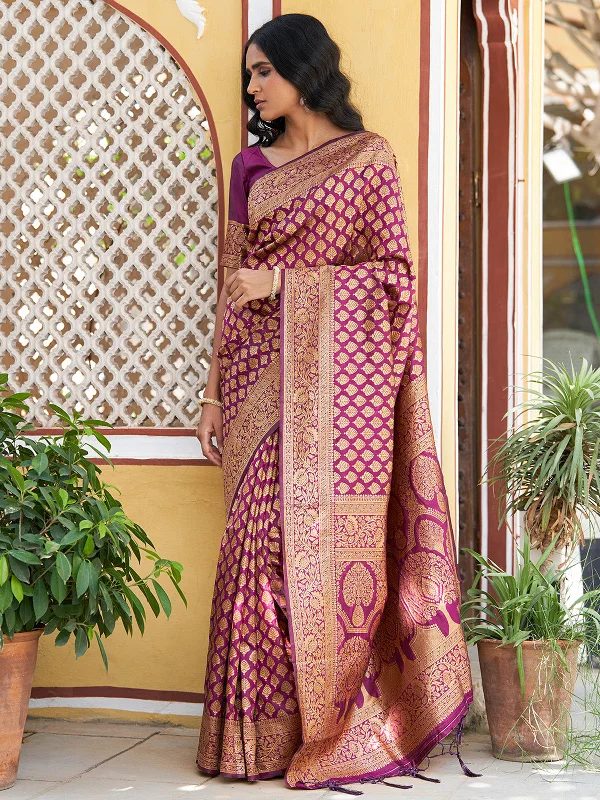[Ready SG Stock] Wine Banarasi Silk Woven Ethnic Motif Saree with attached Blouse Material - Indian saree Elegant Silk Blouse