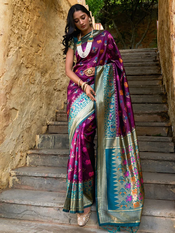 [Ready SG Stock] Wine Cotton Silk Woven Ethnic Motifs Saree with attached Blouse Material - Indian saree Bell Sleeve Blouse