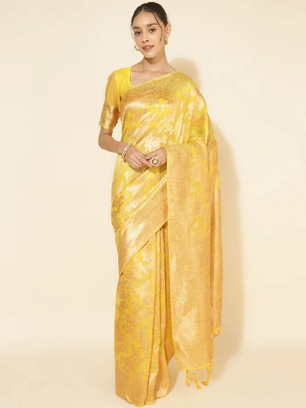 [Ready SG Stock] Yellow Chanderi Silk Floral Saree with attached Blouse Material - Indian saree Flowy Bohemian Blouse