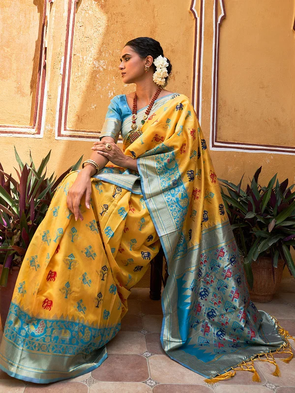 [Ready SG Stock] Yellow Cotton Silk Woven Ethnic Motifs Saree with attached Blouse Material - Indian saree Playful Puff Blouse