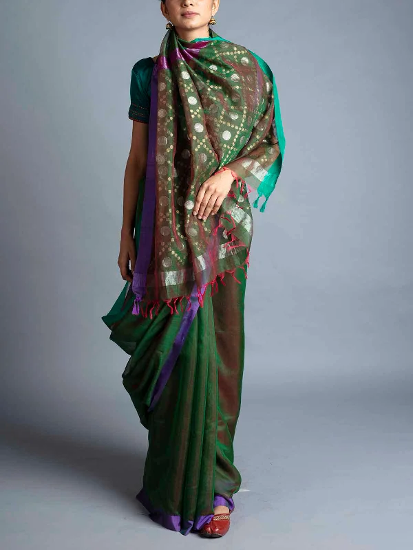 Rudraksh Palla Chanderi Olive With Blouse Piece Lightweight Chiffon Blouse