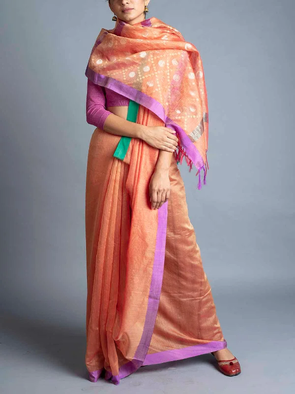 Rudraksh Palla Chanderi Saree Orange With Blouse Piece Casual Button Blouse