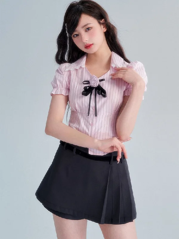 Puff sleeve striped blouse【s0000002005】 Short Sleeve Blouse