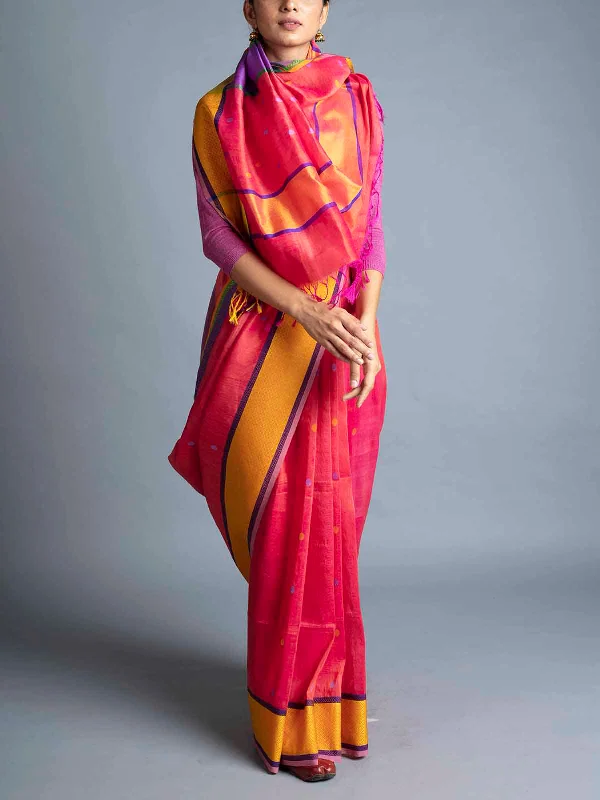 Silk Linen Maheshwari Saree Orange With Blouse Piece Feminine Ruffle Blouse