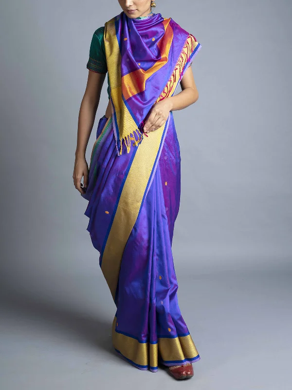 Silk Maheshwari Saree Violet With Blouse Piece Sleeveless Chiffon Blouse