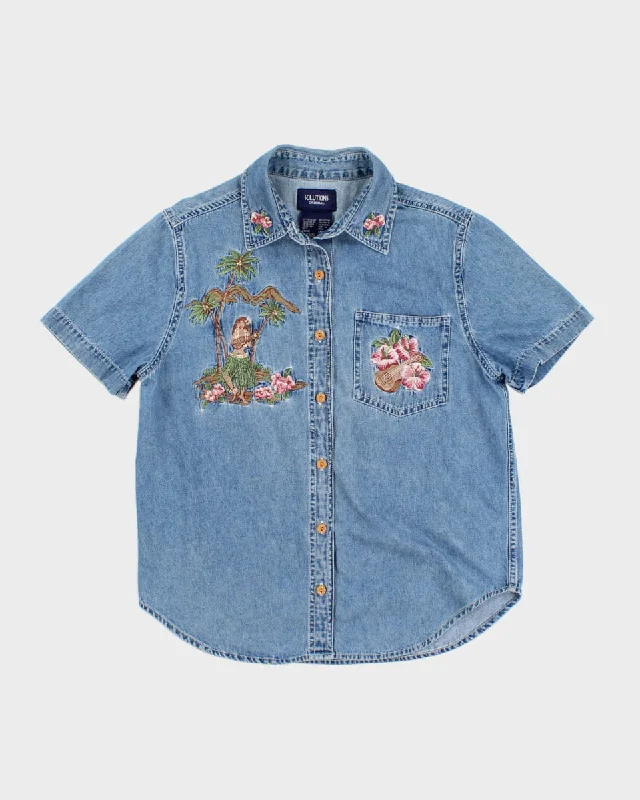 Vintage Solutions Hawaiian Embroidered Denim Blouse - S Chic Off-Shoulder Blouse