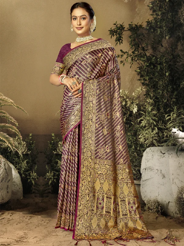 Women Wine Satin Silk Saree With Un Stitched Blouse Chic Sleeveless Blouse