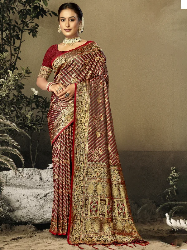Women Maroon Satin Silk Saree With Un Stitched Blouse Delicate Pleat Blouse