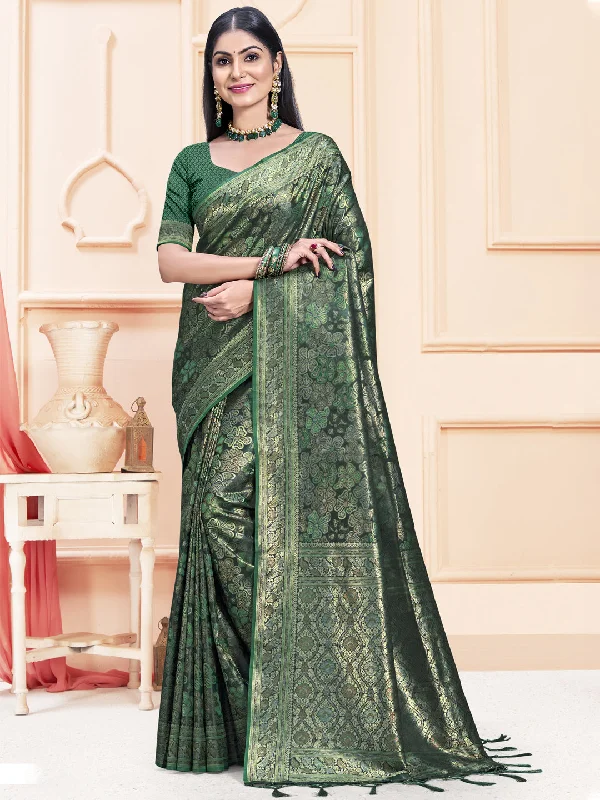 Women Green Satin Silk Saree With Un Stitched Blouse Collared Satin Blouse