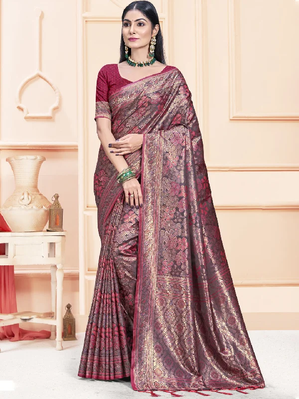 Women Magenta Satin Silk Saree With Un Stitched Blouse Sheer Sleeve Blouse