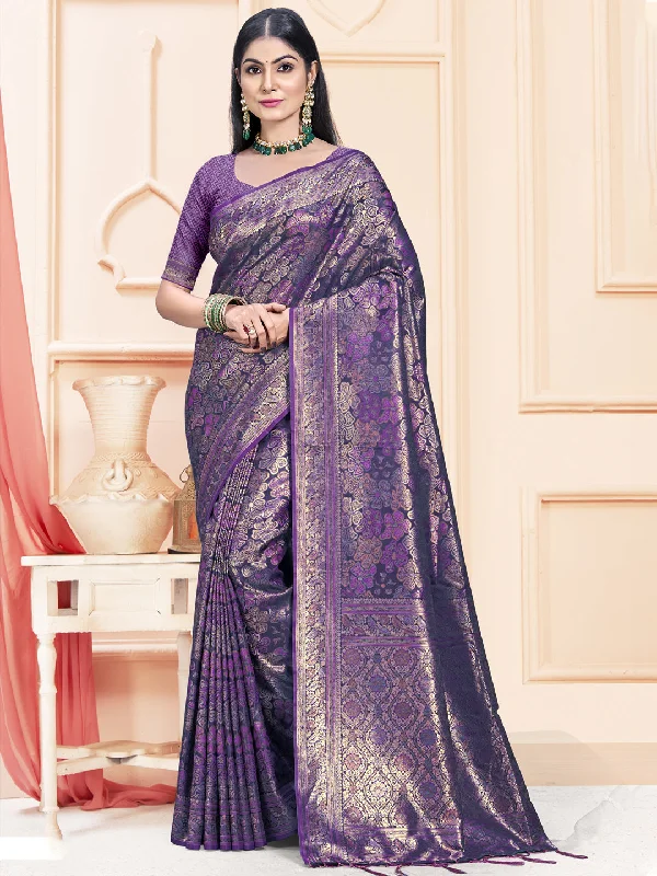 Women Lavender Satin Silk Saree With Un Stitched Blouse Double Button Blouse