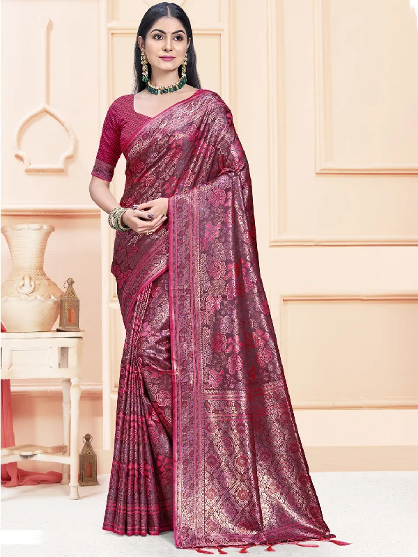 Women Rani Satin Silk Saree With Un Stitched Blouse Romantic Lace Blouse