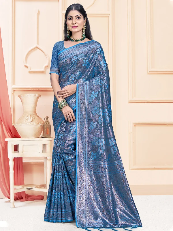 Women Blue Satin Silk Saree With Un Stitched Blouse Soft Modal Blouse