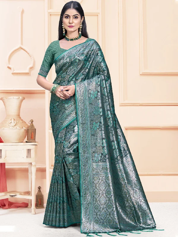 Women Rama Satin Silk Saree With Un Stitched Blouse Balloon Sleeve Blouse