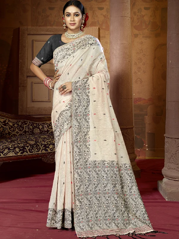Women Cream Cotton Saree With Un Stitched Blouse Elegant Semi-Sheer Blouse