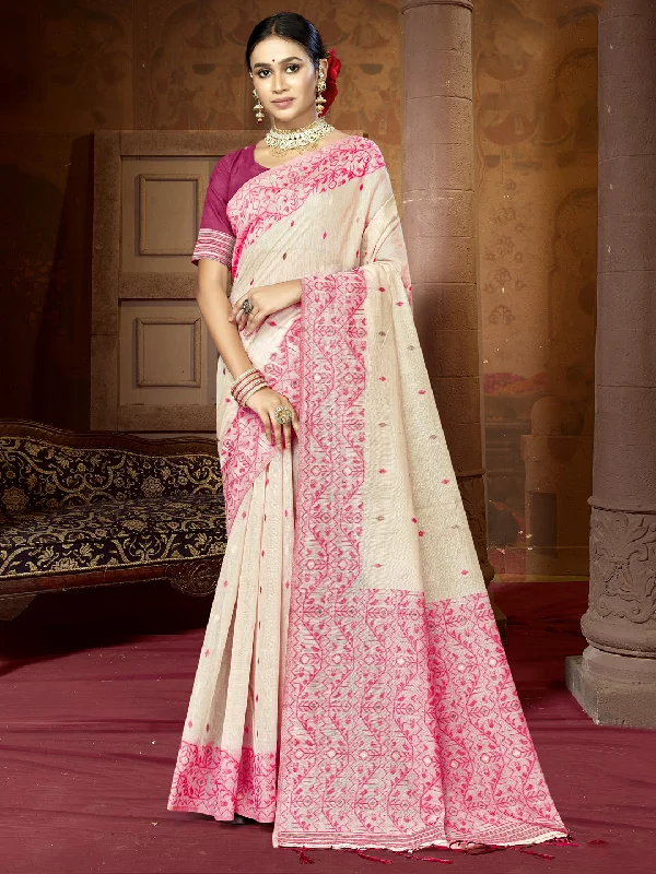 Women Cream Cotton Saree With Un Stitched Blouse Stretchy Fitted Blouse