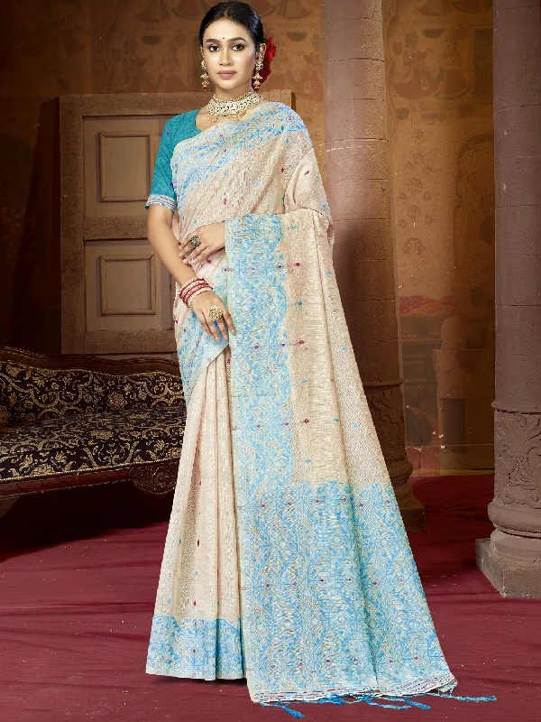 Women Cream Cotton Saree With Un Stitched Blouse Sleeveless Chiffon Blouse