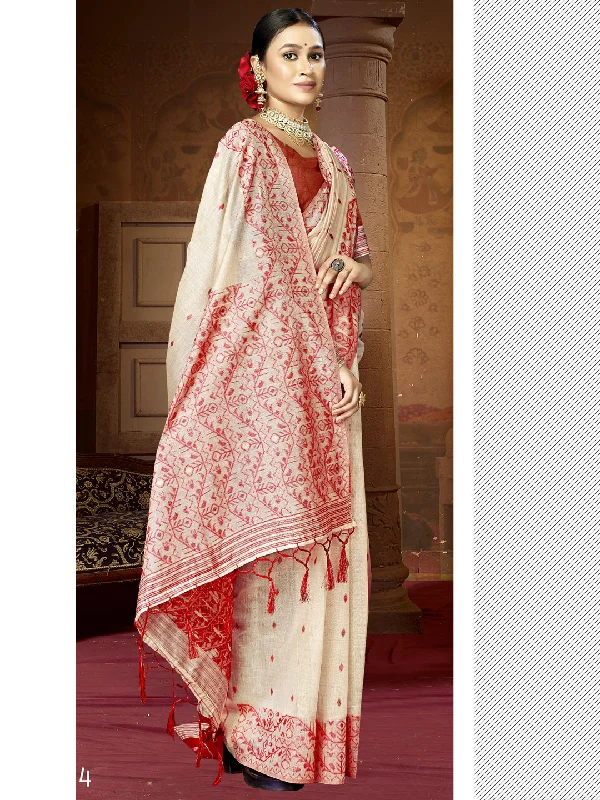 Women Cream Cotton Saree With Un Stitched Blouse Casual Stripe Blouse