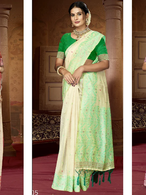 Women Cream Cotton Saree With Un Stitched Blouse Feminine Ruffle Blouse