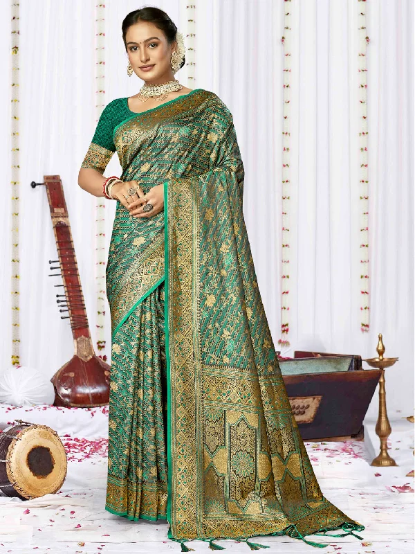 Women Teal Blue Satin Silk Saree With Un Stitched Blouse Chic Wrap Blouse