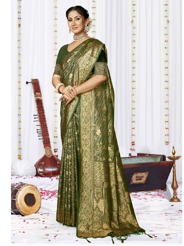 Women Green Satin Silk Saree With Un Stitched Blouse Mandarin Collar Blouse