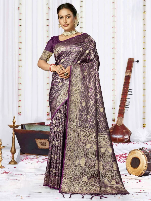 Women Lavender Satin Silk Saree With Un Stitched Blouse Feminine Satin Blouse