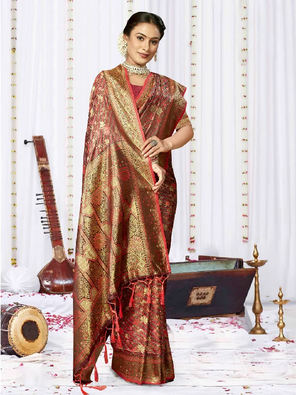 Women Red Satin Silk Saree With Un Stitched Blouse Modern Work Blouse