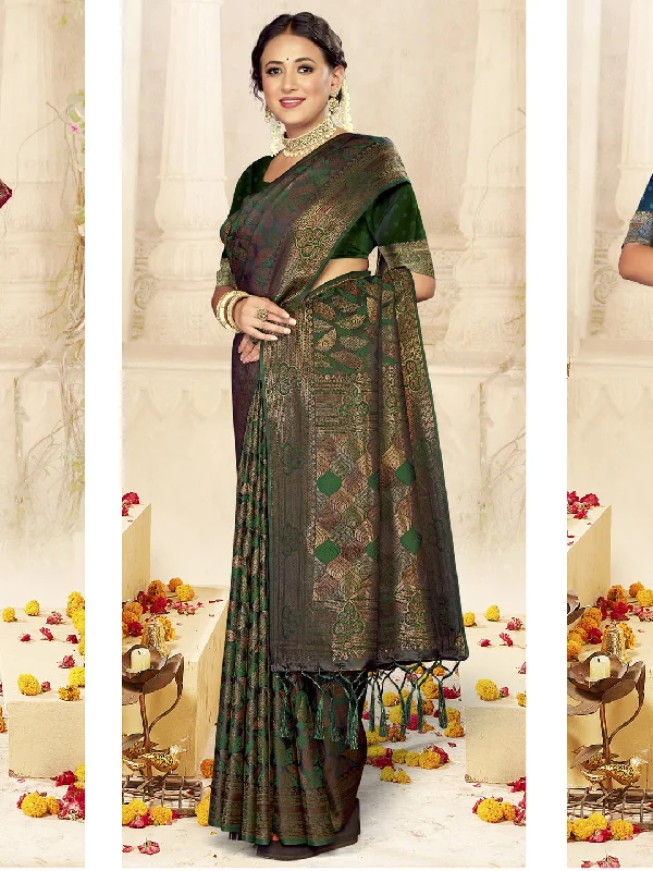 Women Bottle Green Satin Silk Saree With Un Stitched Blouse Stylish Wrap Blouse