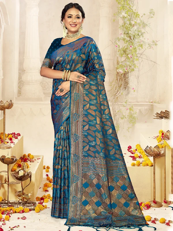 Women Blue Satin Silk Saree With Un Stitched Blouse Lightweight Chiffon Blouse