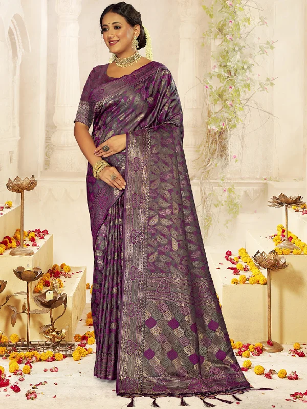 Women Lavender Satin Silk Saree With Un Stitched Blouse Casual Button Blouse