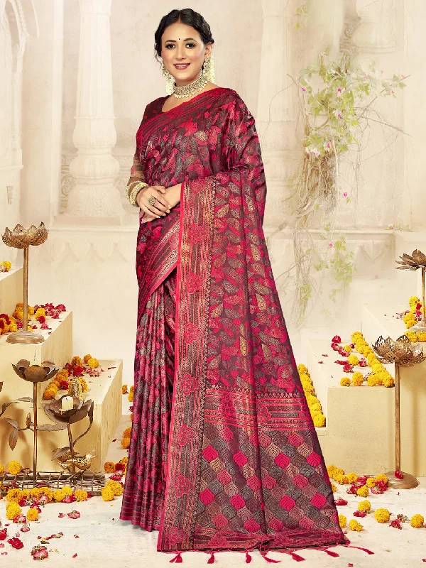 Women Rani Satin Silk Saree With Un Stitched Blouse Chic Ruffle Blouse