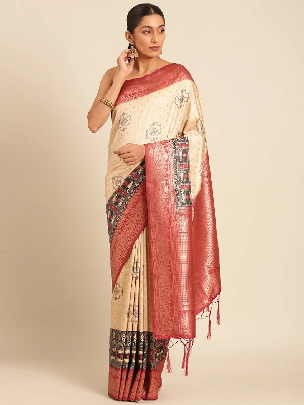 Women Cream Silk Saree With Un Stitched Blouse Soft Modal Blouse