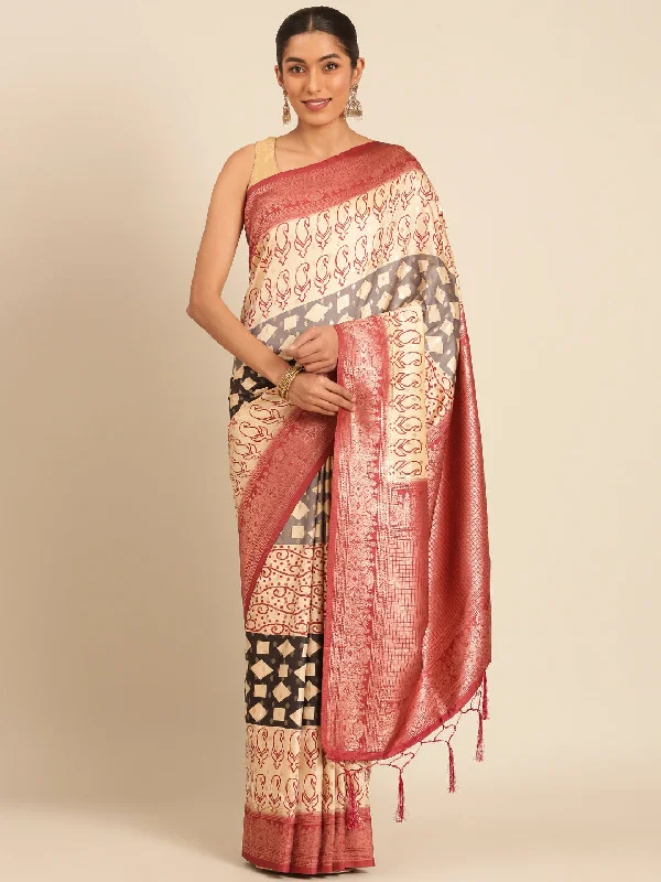 Women Cream Silk Saree With Un Stitched Blouse Balloon Sleeve Blouse