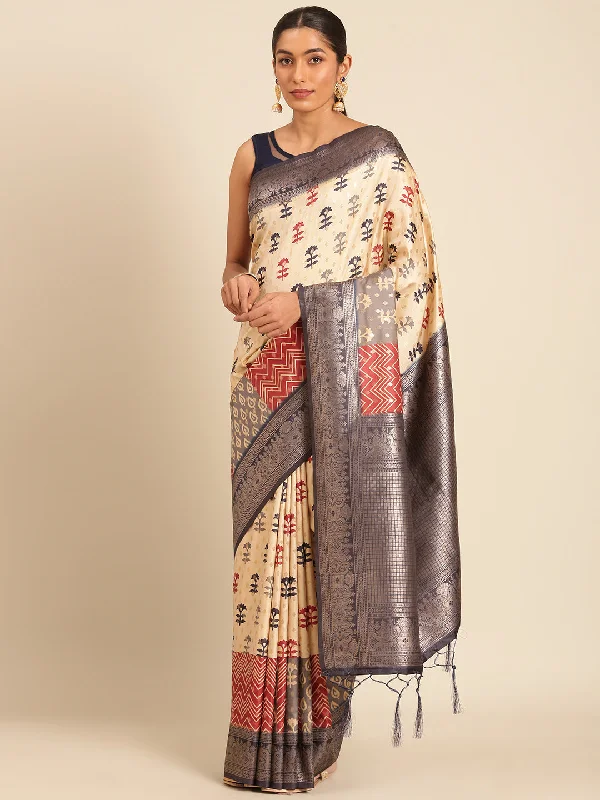 Women Cream Silk Saree With Un Stitched Blouse Short Sleeve Blouse
