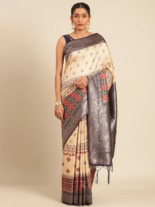 Women Cream Silk Saree With Un Stitched Blouse Polished Work Blouse