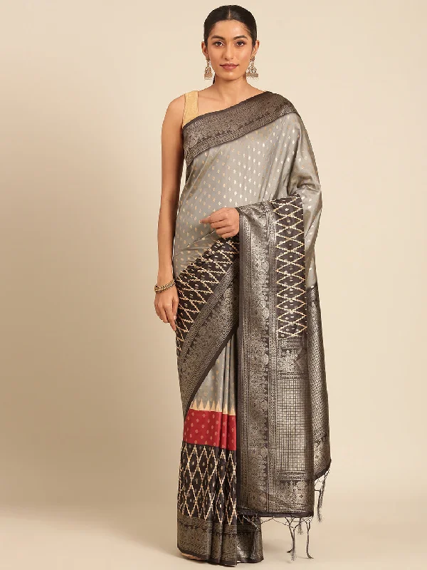 Women Grey Silk Saree With Un Stitched Blouse Frilled Cuff Blouse