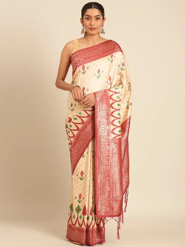 Women Cream Silk Saree With Un Stitched Blouse Silky Draped Blouse