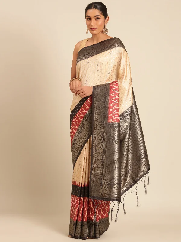 Women Cream Silk Saree With Un Stitched Blouse Textured Cotton Blouse