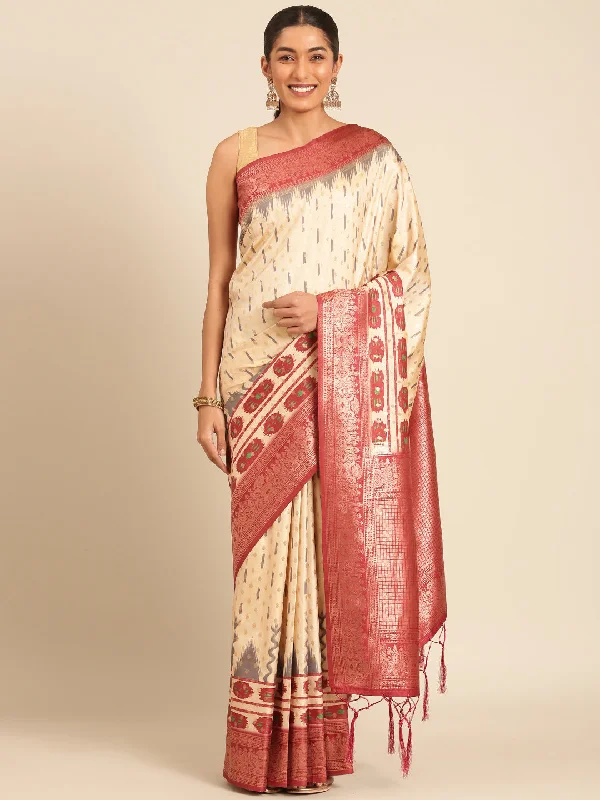 Women Cream Silk Saree With Un Stitched Blouse Flowy Bohemian Blouse