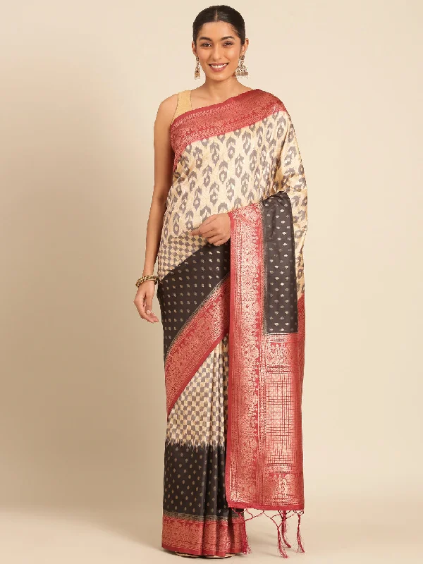 Women Cream Silk Saree With Un Stitched Blouse Double-Layered Blouse