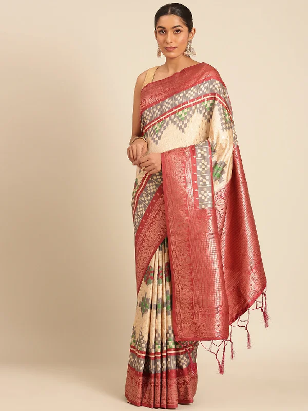 Women Cream Silk Saree With Un Stitched Blouse Delicate Bow Blouse