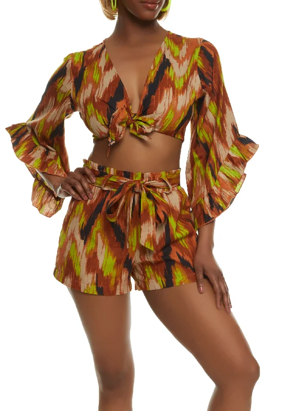 Linen Printed Tie Front Bell Sleeve Blouse Sheer Sleeve Blouse