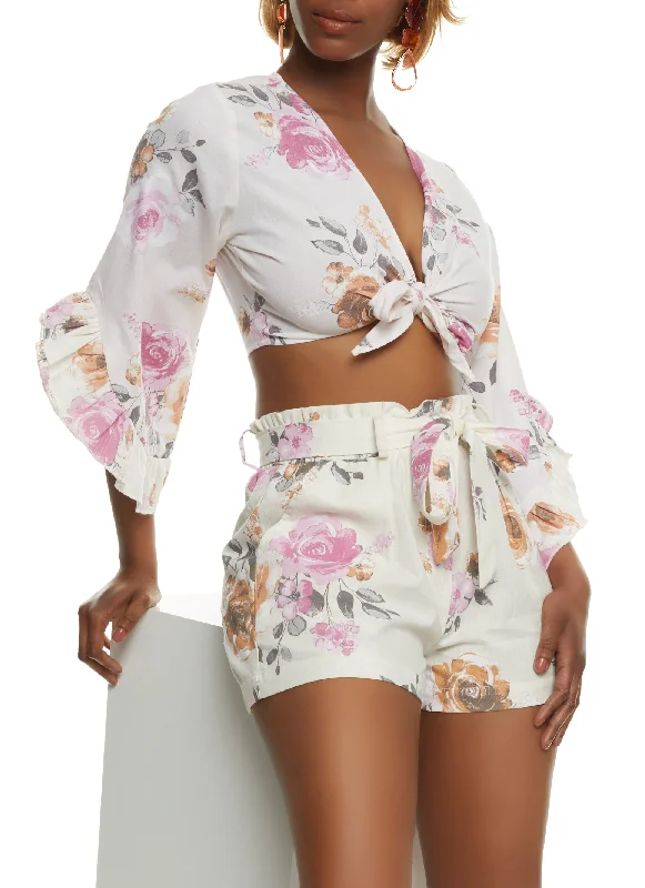 Linen Printed Tie Front Bell Sleeve Blouse Lightweight Tunic Blouse
