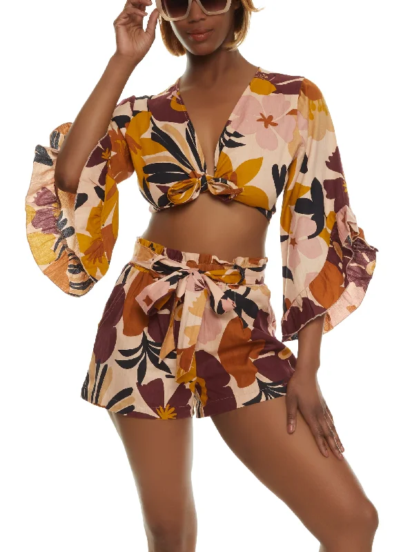 Linen Printed Tie Front Bell Sleeve Blouse Collared Satin Blouse