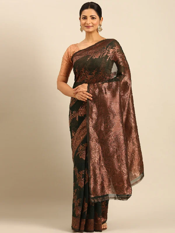 Women Bottle Green Cotton Saree With Un Stitched Blouse Semi-Sheer Blouse