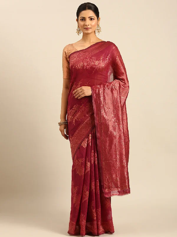 Women Magenta Cotton Saree With Un Stitched Blouse Oversized Silk Blouse