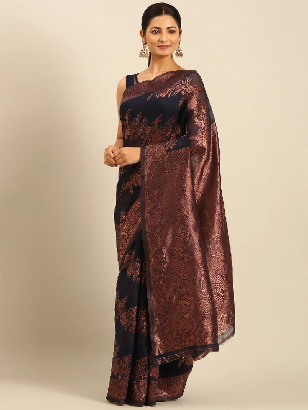 Women Navy Blue Cotton Saree With Un Stitched Blouse Relaxed Fit Blouse