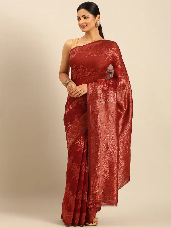 Women Red Cotton Saree With Un Stitched Blouse Classic Striped Blouse